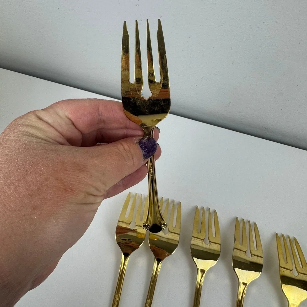 Vtg Royal Gallery Gold Plated Seafood Cocktail Forks Set 6 Japan Fluted Handle